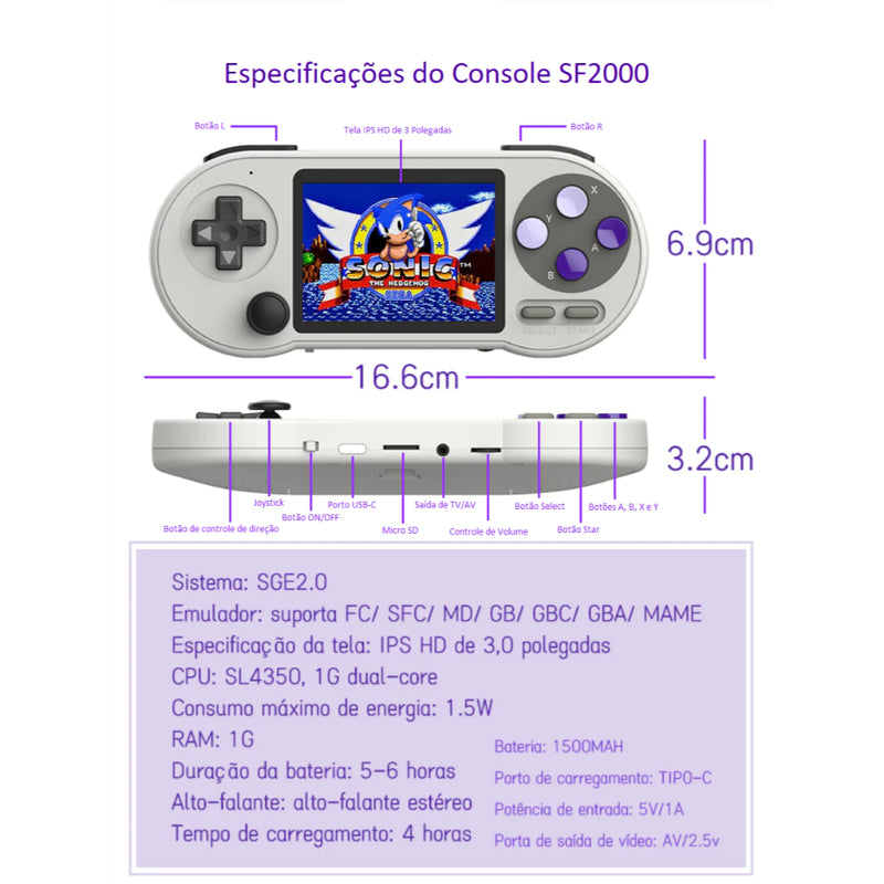 Console Vídeo Game Retrô Portátil SF2000 Data Frog + 6000 Jogos Retro Tela IPS HD