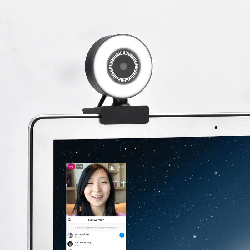 Webcam 1080p com Microfone, Luz LED e Rotação 360º