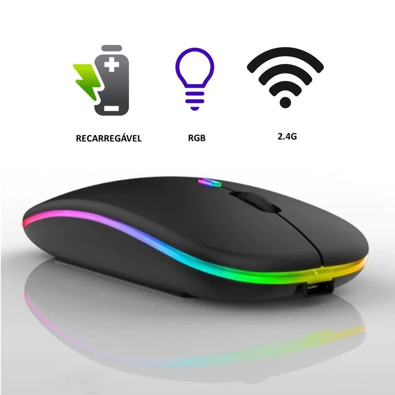 Mouse Sem Fio Recarregável com Luz RGB e Alta Precisão